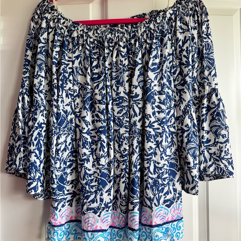 Lilly Pulitzer Blue and White Ruffled Blouse